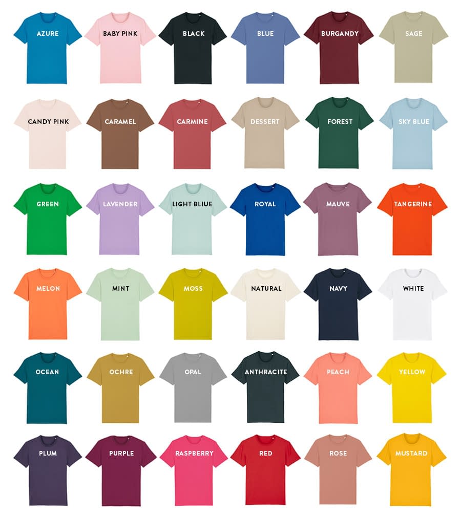 Unisex-stanley-stella-organic-Tshirt-colour-chart